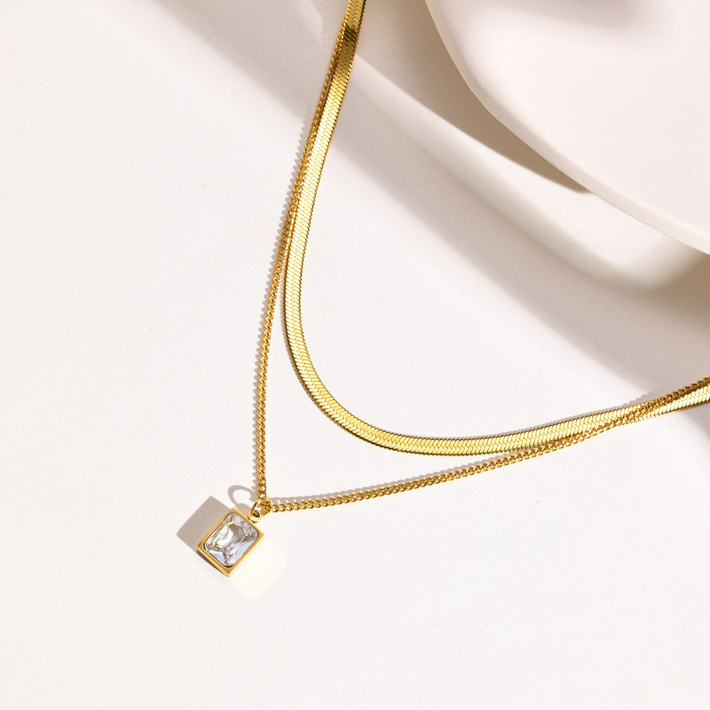 Slāņveida CZ kulonu kaklarota sievietēm, 2 gab. Rotaslietu komplekts, Čūskas skujiņas ķēde nerūsējošais tērauds