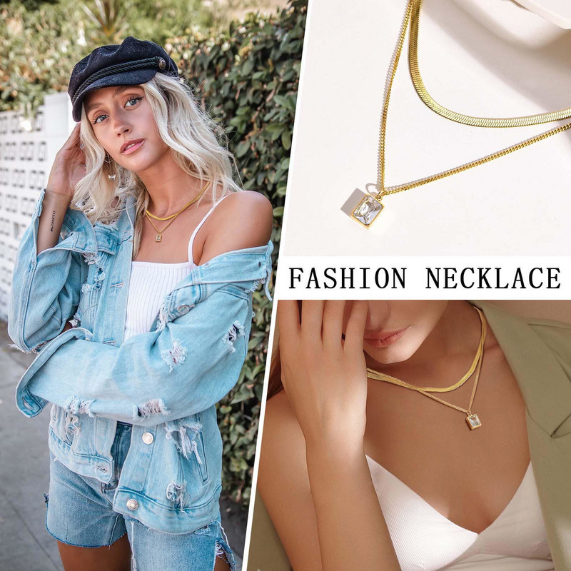 Slāņveida CZ kulonu kaklarota sievietēm, 2 gab. Rotaslietu komplekts, Čūskas skujiņas ķēde nerūsējošais tērauds