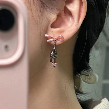 Γυναικεία σκουλαρίκια με φιόγκο με ροζ καρδιές μαύρης γάτας Sweet Creative Fun Y2k Aesthetics Dangle Earrings 2023 Trend κοσμήματα