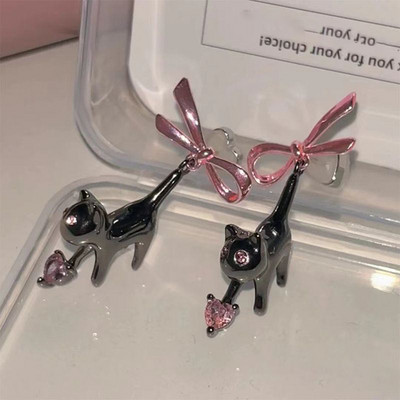 Black Cat Pink Heart Rhinestone Bow Drop Auskari Sievietēm Saldi Radoši Jautri Y2k Estētika Dangle Auskari 2023 Trend Jewelry