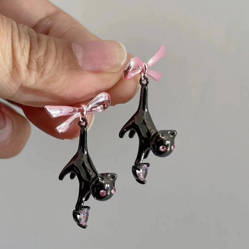 Black Cat Pink Heart Rhinestone Bow Drop Auskari Sievietēm Saldi Radoši Jautri Y2k Estētika Dangle Auskari 2023 Trend Jewelry