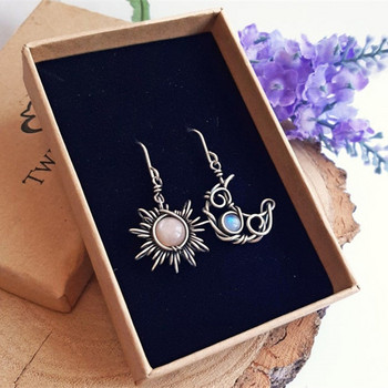 Модни бохемски обеци Слънце и Луна Сребърен цвят Кръгли кристални капкови обеци Дамски женски бохо бижута Подарък за нея