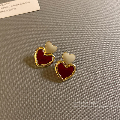 Μοντέρνα Γλυκά Βουργουνδία Σκουλαρίκια Καρδιά Γυναικεία Κορίτσι Χρυσό Χρώμα Μεταλλικό Love Heart Κρεμαστά σκουλαρίκια κρεμαστά vintage κοσμήματα