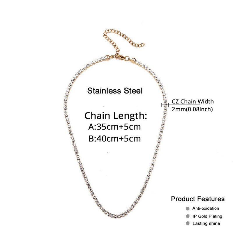 2 mm tenisa ķēdes kaklarotas sievietēm, sudraba zelta krāsa, nerūsējošā tērauda apledojuma kakla ķēde sievietēm, modes rotaslietas, 2024. gada