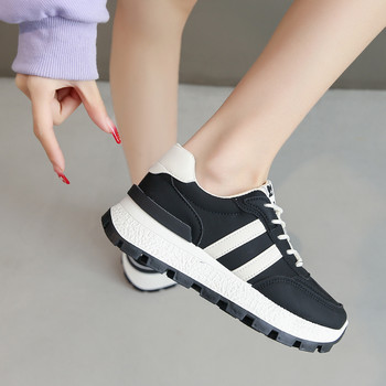 Нови бели черни дамски обувки с дебела подметка, предни обувки с връзки, бели ежедневни спортни обувки, маратонки с равна подметка, вулканизирани обувки, плюс размер 43