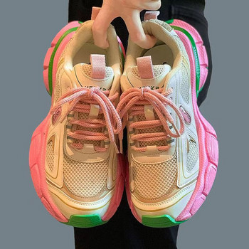 Нови бели, черни, розови дамски ежедневни маратонки Обувки на платформа, хвърчащи маратонки, кошница с връзки, ежедневни масивни обувки Zapatos De Mujer