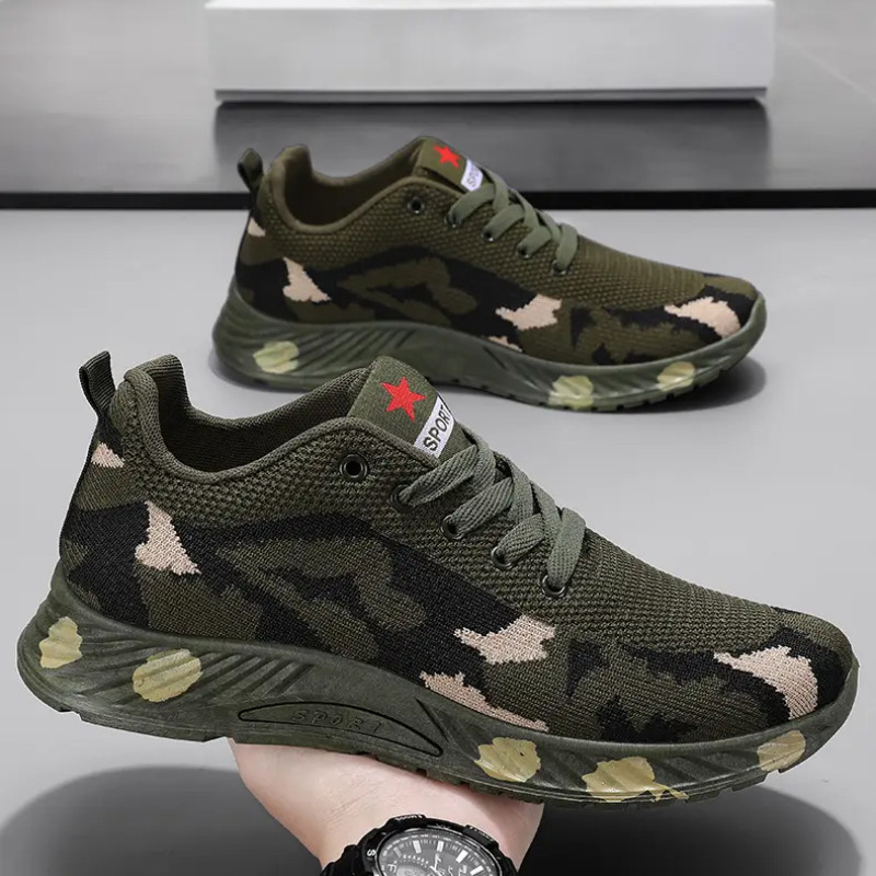 Férfi terepszínű sportcipők hétköznapi kényelem tornacipők tavaszi ősz kerek orrba lélegző fűzős vastag talpú csúszásmentes lábbelik