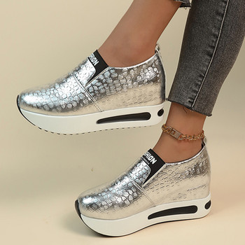 Сребърни маратонки на платформа от PU кожа Дамски ежедневни нехлъзгащи се спортни обувки с дебела подметка Дамски мокасини с голям размер Zapatos Mujer