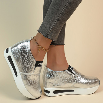 Сребърни маратонки на платформа от PU кожа Дамски ежедневни нехлъзгащи се спортни обувки с дебела подметка Дамски мокасини с голям размер Zapatos Mujer
