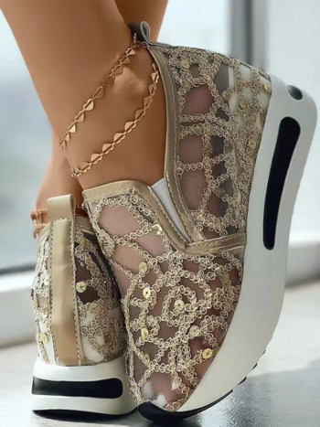 Γυναικεία πάνινα παπούτσια με φλοράλ κέντημα διχτυωτό για γυναίκες slip on casual άνετα παπούτσια με τακούνι Γυναικεία
