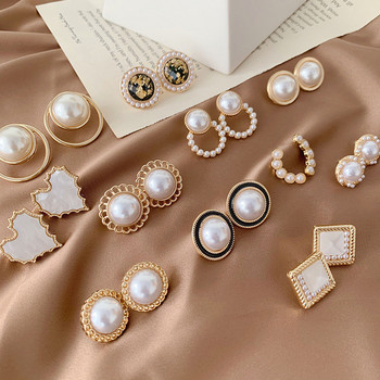 Корейски дизайн, елегантни симулирани перли, големи кръгли обеци с щипка, непробити барокови щипки за уши с перли за жени Бижута на едро