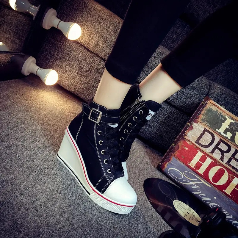 Kõrge ülaosaga lõuendist naiste kiilujalatsid Naiste teksast pahkluu nööriga naiste pahkluu lõuendist kingad naistele 8 cm kontsadega tossud