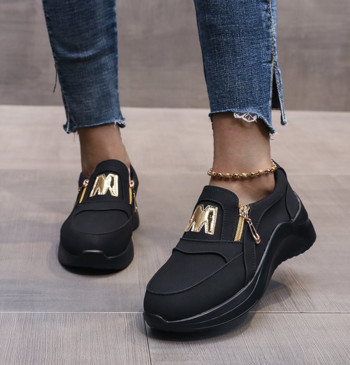 Νέα γυναικεία αθλητικά παπούτσια με φερμουάρ, παχύ κάτω μέρος, μονόχρωμα βουλκανιζέ παπούτσια Casual Wedge Walking Flats Zapatillas De Mujer