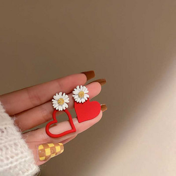 Сладки дамски обеци с цветя от маргаритки Червен бял цвят Мила Асиметрична обеца Парти Сватбени бижута Подаръци