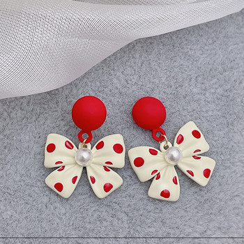 Сладки дамски обеци с перлени панделки Червени кръгли висящи обеци Сватбено парти Печат на вълни с точки Сладки бижута pendientes