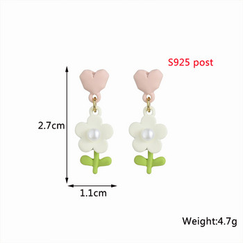 Σκουλαρίκια με σταγόνες ροζ καρδιά για γυναίκες Lovely Plant Element Imitation Σκουλαρίκια με πράσινα φύλλα με μαργαριτάρια Δώρα για κορεατικά πάρτι
