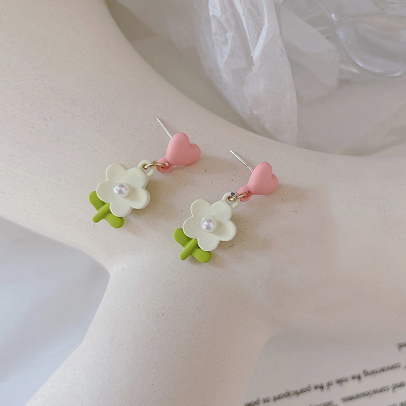 Rozā Sirds Puķu Auskari Sievietēm Jauki augu elementu imitācijas Pērle Zaļa Lapa Piekarināmi Auskari Korejas ballītes Dāvanas