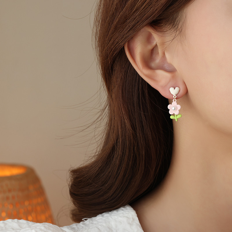 Rozā Sirds Puķu Auskari Sievietēm Jauki augu elementu imitācijas Pērle Zaļa Lapa Piekarināmi Auskari Korejas ballītes Dāvanas