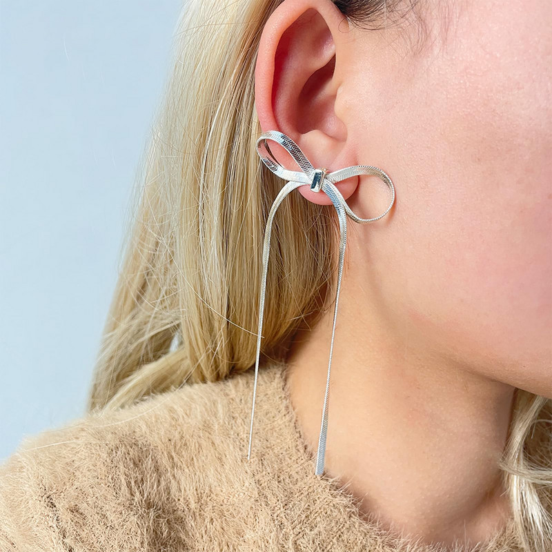 Moodsad pika tutiga vibukõrvarõngad naistele roostevabast terasest lamedast ussiketist vibusõlmest rippkõrvarõngad, ehted, tüdrukute kingitus