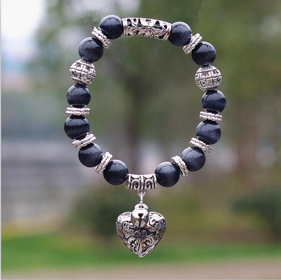 Βραχιόλι 10 χιλιοστών Opal Obsidian Tiger Eye από φυσική πέτρα με κρεμαστό κόσμημα καρδιές βραχιόλι με σκέλη DIY Βραχιόλι με χάντρες για γυναίκες άνδρες