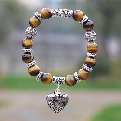 Βραχιόλι 10 χιλιοστών Opal Obsidian Tiger Eye από φυσική πέτρα με κρεμαστό κόσμημα καρδιές βραχιόλι με σκέλη DIY Βραχιόλι με χάντρες για γυναίκες άνδρες