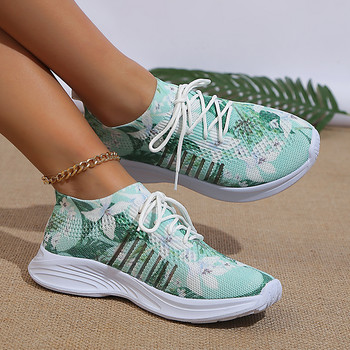 Модни плетени маратонки с принтове Rimocy Дамски 2024 г. Нови леки дишащи плоски обувки Дамски дамски спортни обувки с връзки, неплъзгащи се