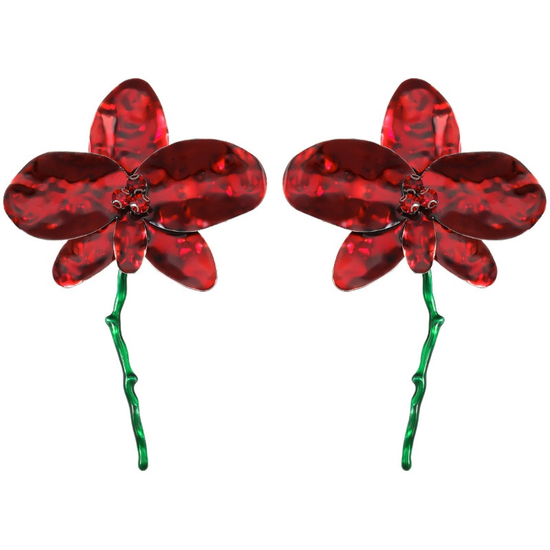 Kuumad punased tilkuva lillega metallist kõrvarõngad Rohelise varrega ripatsiga vintage käsitsi valmistatud kõrvarõngad uued