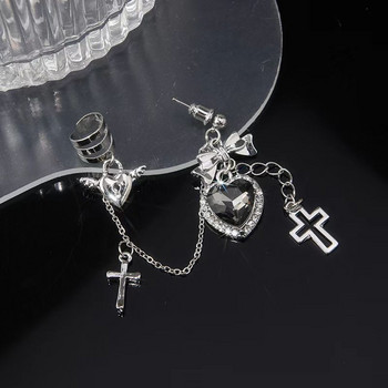 Dark Punk Vintage Metal Chain Cross Love Earrings Women Personalized Hip Hop One Piece Ear Bone Clips Party Jewelry Gift