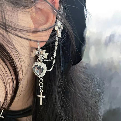 Dark Punk Vintage Metal Chain Cross Love Earrings Women Personalized Hip Hop One Piece Ear Bone Clips Party Jewelry Gift