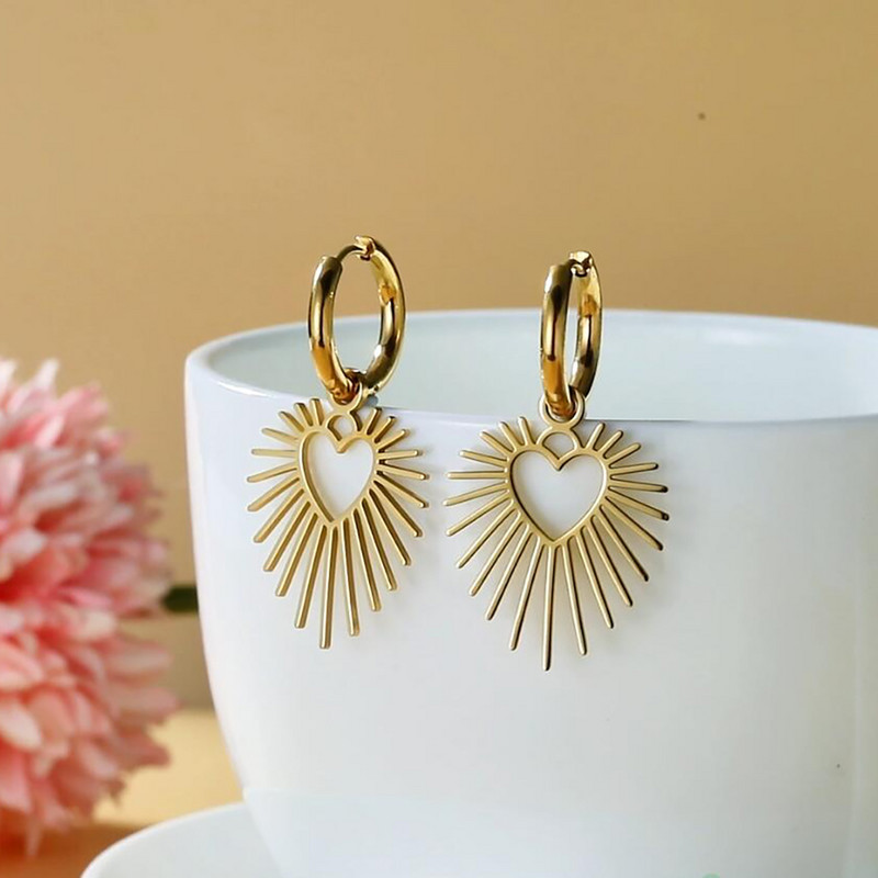 Skyrimi geomeetrilised südamega päikeseripatsiga ripatskõrvarõngad, roostevabast terasest naiste rõngaskõrvarõngad, veekindlad mood, pulmaehted, hulgimüük