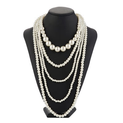 Vintažiniai perlų imitacijos karoliai „Art Deco Flapper“ priedai moterims balti daugiasluoksniai perlų vėriniai