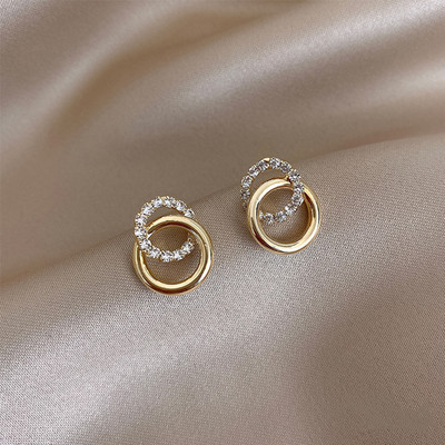 Корейски прости двойни кръгли златни метални кристални обеци на шипове за жени Модни изискани бижута Подаръци за най-добър приятел