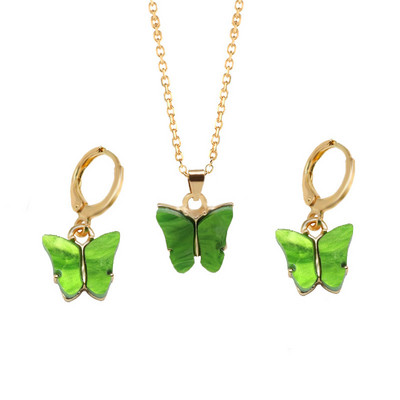 Wu 2022. gada jaunās modes 2 daļiņu rotaslietas, sprāgstvielu akrila tauriņu kaklarotas auskaru komplekts vairumtirdzniecība