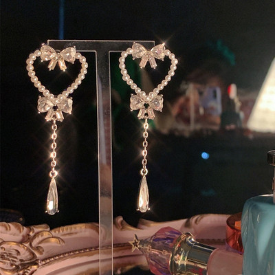 Корейски модни обеци със сладка перла, кухи сърца и капки за жени, модни момичета с бантик, кристални дълги висулки Mujer Бижута, подарък