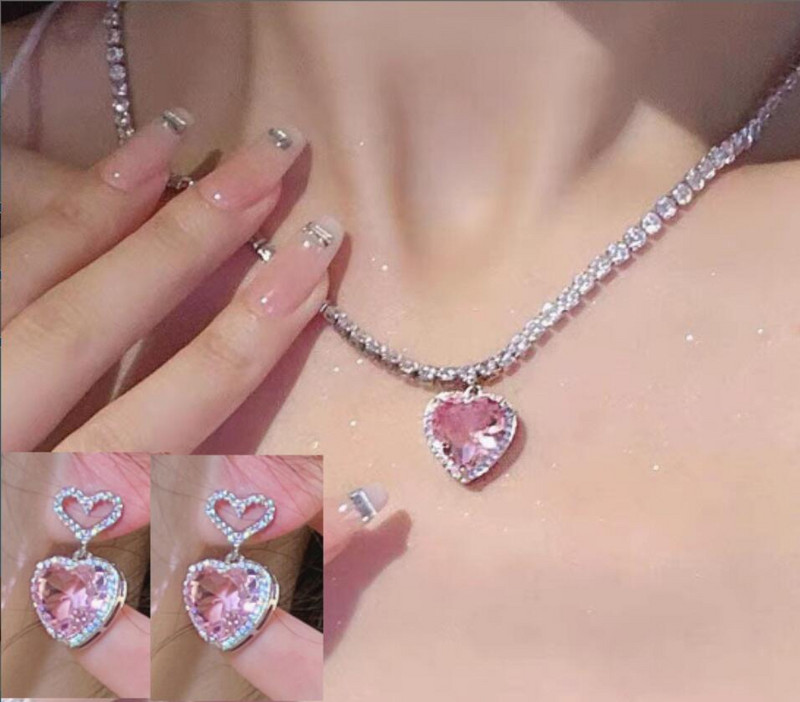 3 tk Super Fairy Lovely Lady ehtekomplekti stiilis roosa tsirkoon kõrvarõngaste kaelakee komplekt