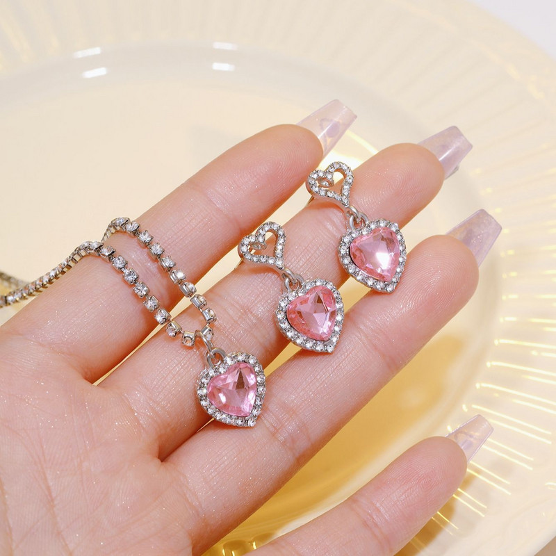 3 tk Super Fairy Lovely Lady ehtekomplekti stiilis roosa tsirkoon kõrvarõngaste kaelakee komplekt