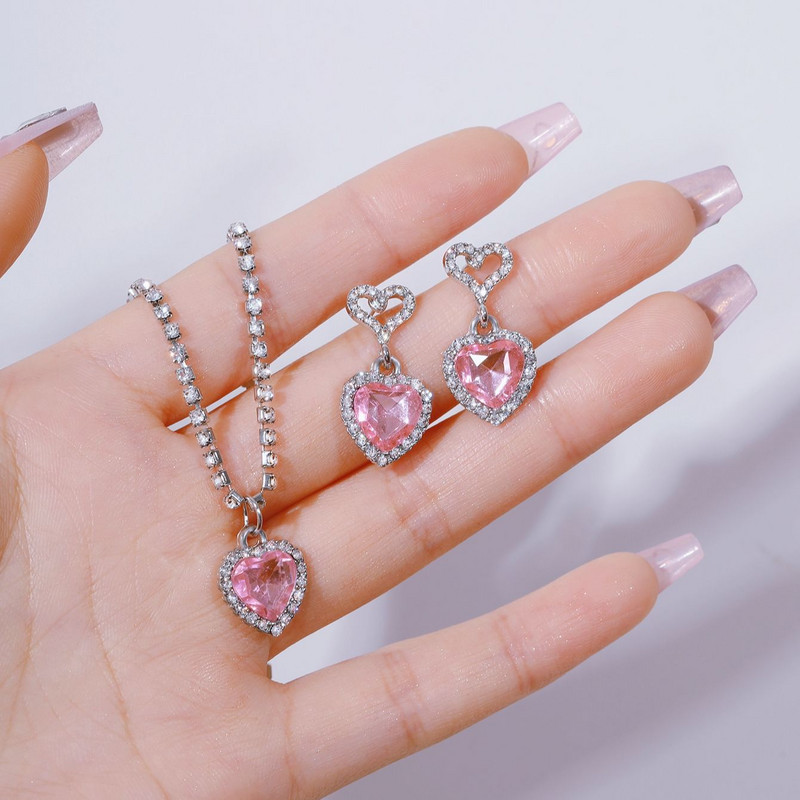 3 tk Super Fairy Lovely Lady ehtekomplekti stiilis roosa tsirkoon kõrvarõngaste kaelakee komplekt