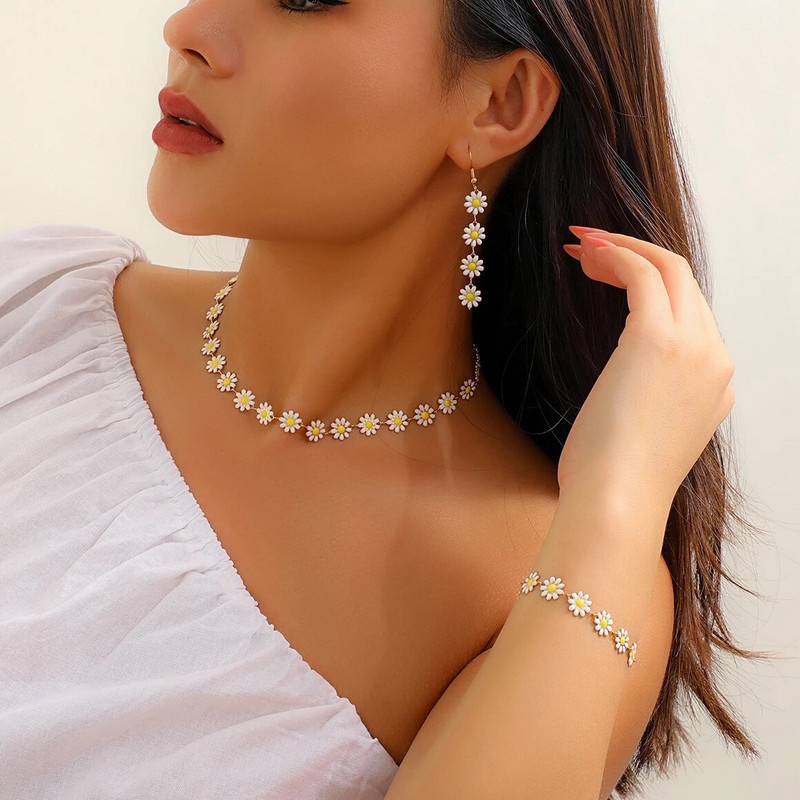 3 τεμ Kpop Tiny Flower Daisy Chain κολιέ Γυναικείο Βραχιόλι Τετ Καλοκαίρι Sweet Piercing Σκουλαρίκι αισθητικής κοσμήματος