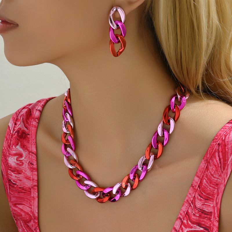 Vintage Κολιέ με κουβανέζικα γοτθικά σκουλαρίκια με χοντρές ακμές για γυναίκες CCB χρυσό χρώμα κολιέ με αλυσίδα Σετ κοσμημάτων Charm Party