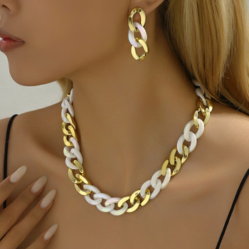 Y2K Vintage Κολιέ με κουβανέζικα γοτθικά σκουλαρίκια με χοντρά άκρα για γυναίκες CCB Χρυσό κολιέ με αλυσίδα χρυσό σετ κοσμημάτων για πάρτι