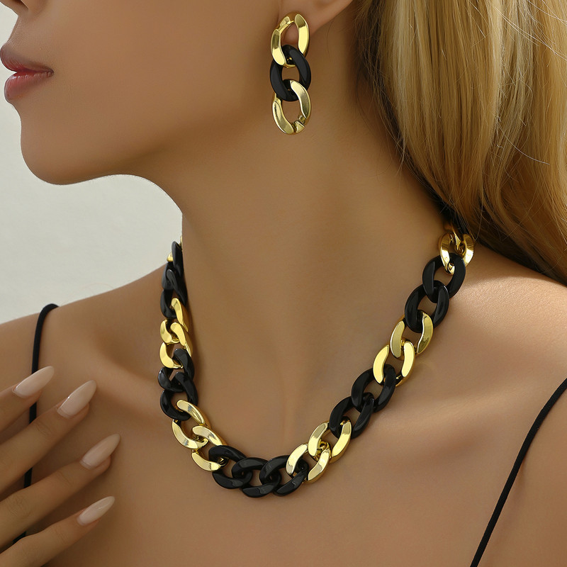 Y2K Vintage Κολιέ με κουβανέζικα γοτθικά σκουλαρίκια με χοντρά άκρα για γυναίκες CCB Χρυσό κολιέ με αλυσίδα χρυσό σετ κοσμημάτων για πάρτι