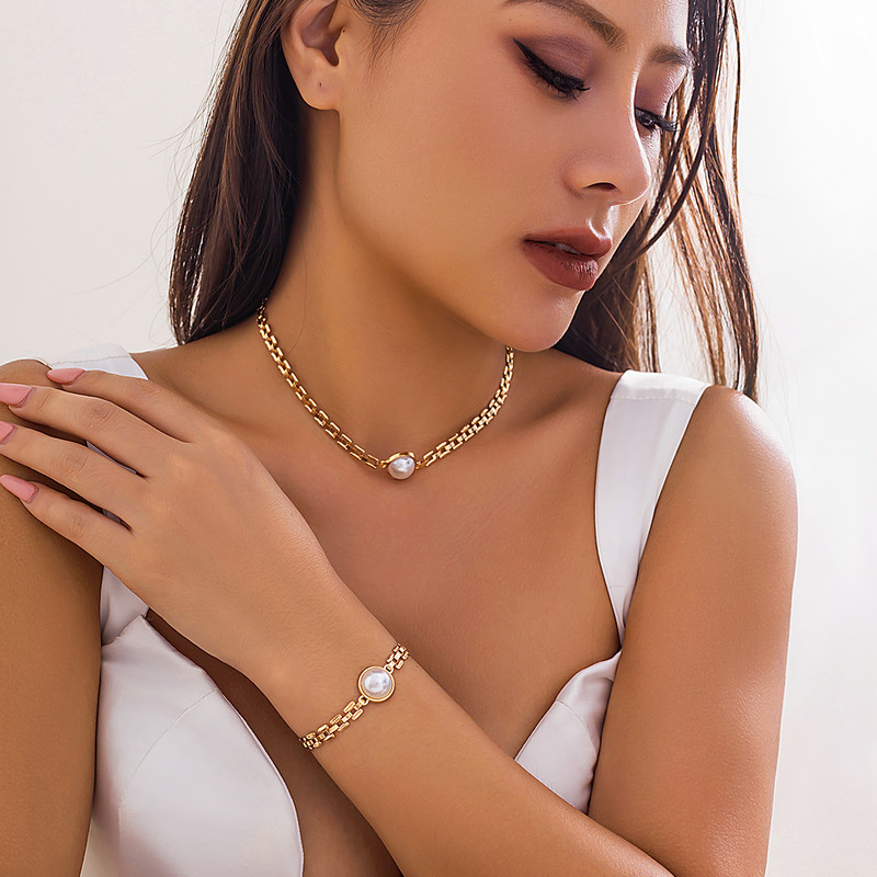 IngeSight.Z Kpop Fashion Imitation Pearl Choker kaelakeede käevõrukomplekt naistele Punk Gold Color Link Chain Party ehtekomplekt