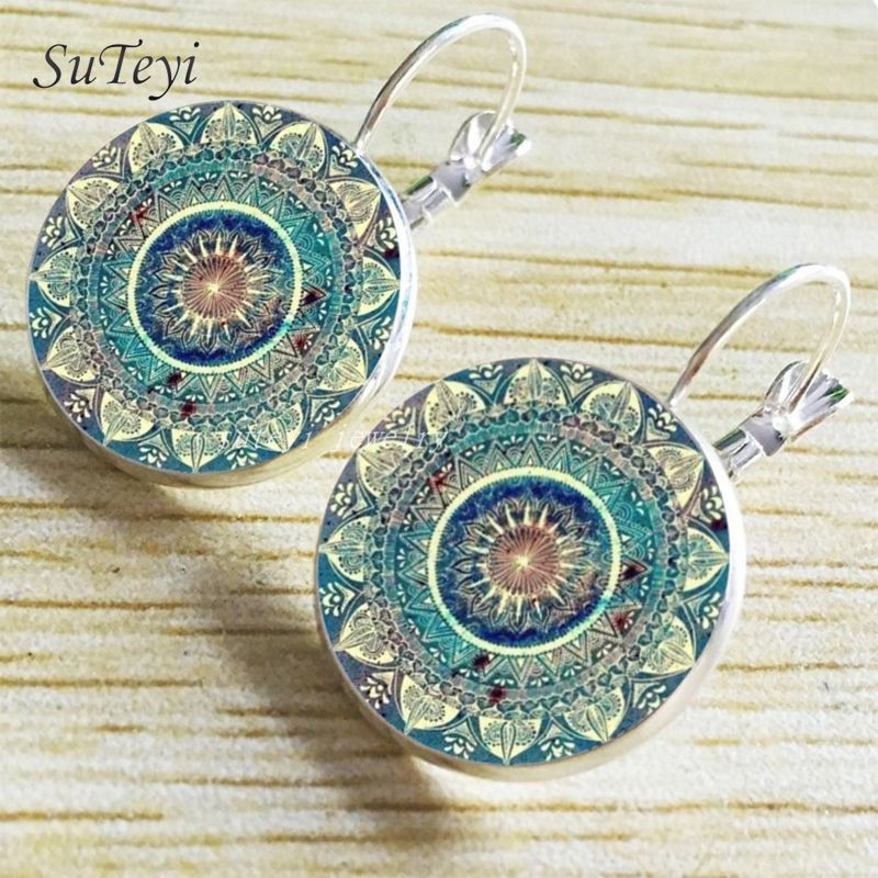 SUTEYI šarm Henna Yoga Amulet Ženske naušnice Okrugle staklene naušnice Cabochon Nakit Boemske naušnice Mandala za žene