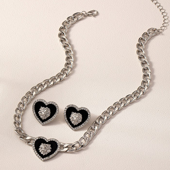 Vintage επιχρυσωμένο σετ σκουλαρίκι λιονταριού για γυναίκες με γοτθικό ζιργκόν Love Heart Enamel Chain collarbone