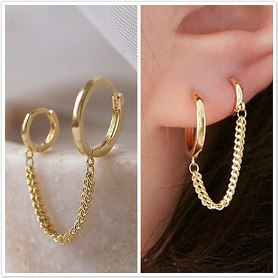 1 buc. 2021, oferta fierbinte, cercei cu piercing cu două găuri pentru femei, cu zirconiu strălucitor, 2 culori metalice, cercei cu lanț, bijuterii de petrecere