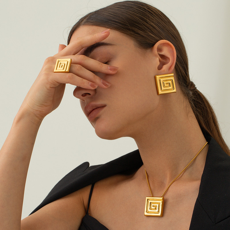 Youthway New Deign rozsdamentes acél négyzet alakú geometrikus spirálmintás fülbevaló gyűrűs nyaklánc szett fényes, népszerű női ékszerek