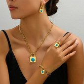 4 GAB komplekts, slēdzene, kaklarota, rokassprādze, auskaru gredzens sievietēm, tirkīzs, melns akmens, balts apvalks, ģeometrisks kulons, sieviešu ballīšu rotaslietas