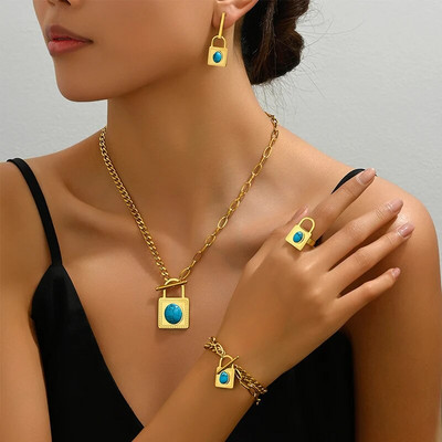 4 GAB komplekts, slēdzene, kaklarota, rokassprādze, auskaru gredzens sievietēm, tirkīzs, melns akmens, balts apvalks, ģeometrisks kulons, sieviešu ballīšu rotaslietas