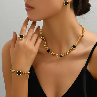 4 GAB komplekts, slēdzene, kaklarota, rokassprādze, auskaru gredzens sievietēm, tirkīzs, melns akmens, balts apvalks, ģeometrisks kulons, sieviešu ballīšu rotaslietas