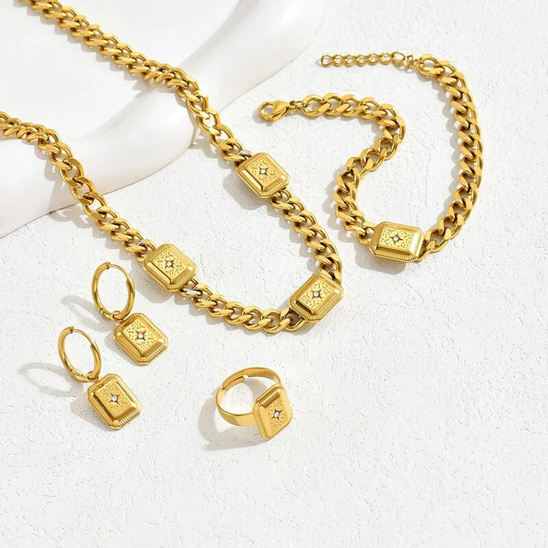 4 GAB komplekts, slēdzene, kaklarota, rokassprādze, auskaru gredzens sievietēm, tirkīzs, melns akmens, balts apvalks, ģeometrisks kulons, sieviešu ballīšu rotaslietas